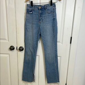 Zara Blue Straight Leg Jeans Classic Style size 6 distressed bottom with slit